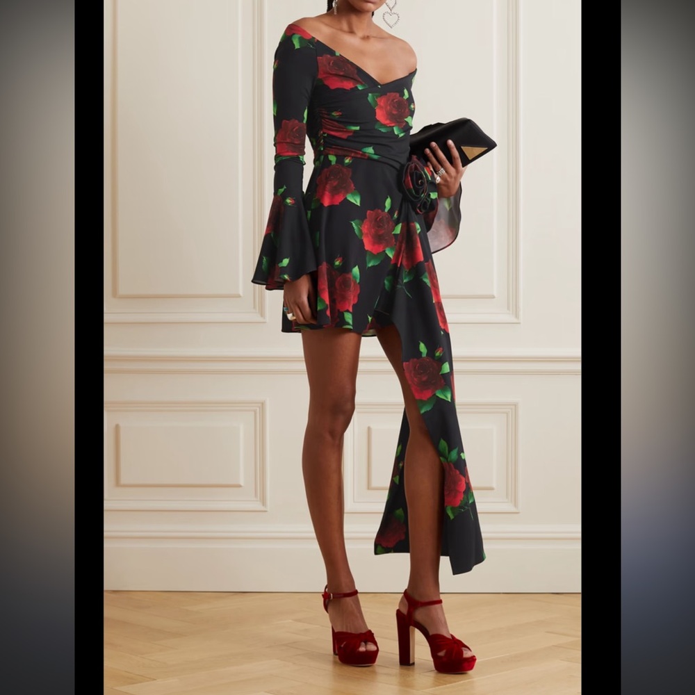 $2,000 Magda Butrym Rose-Printed V-Neck Flared Mini Dress